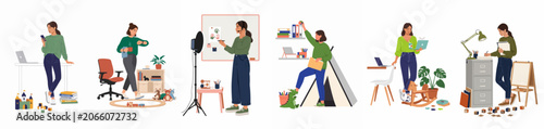Set of vector illustrations showing a professional woman multitasking while working from home surrounded by toys and domestic life.