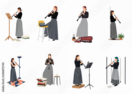 Fotografie Set of flat vector illustrations depicting women playing the oboe in various settings, perfect for music education and cultural concepts