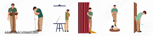 Принти на полотні Illustrations of a man experiencing stage fright, social anxiety, and nervousness in various public speaking and performance situations