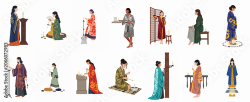 Canvas-taulu Collection of flat illustrations depicting women in traditional Asian robes performing spiritual and meditative rituals with candles and incense