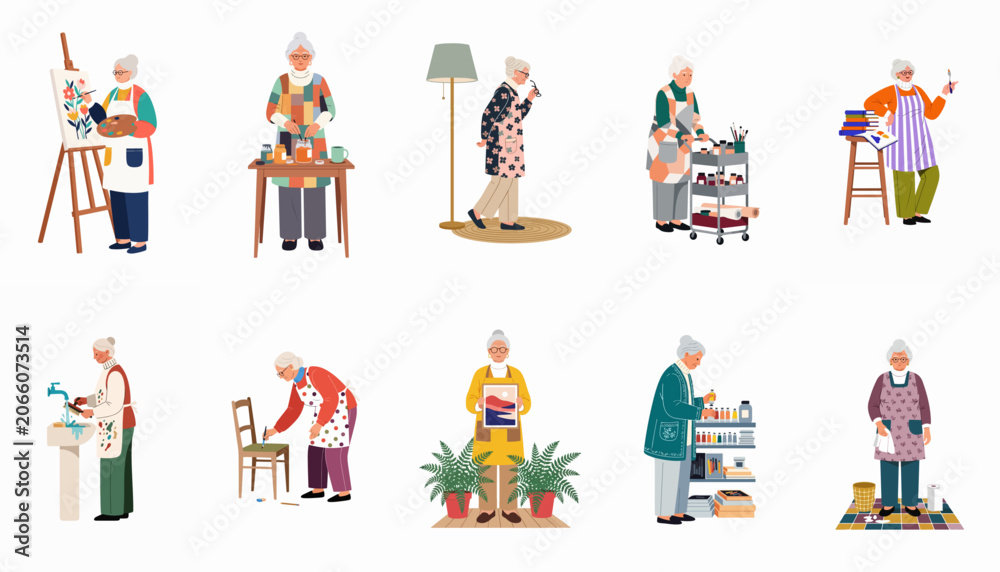 Fototapeta premium Vector illustrations of active senior women enjoying creative hobbies like painting, decorating, and organizing art supplies in their home studios.