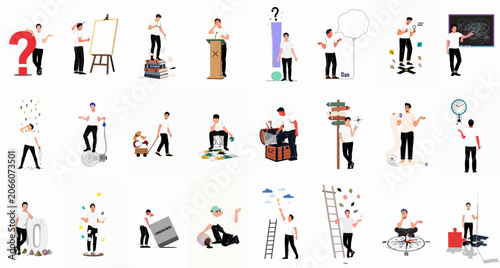 Photos Collection of vector illustrations depicting a young man facing confusion, seeking answers, and solving problems through various metaphorical and symbolic situations