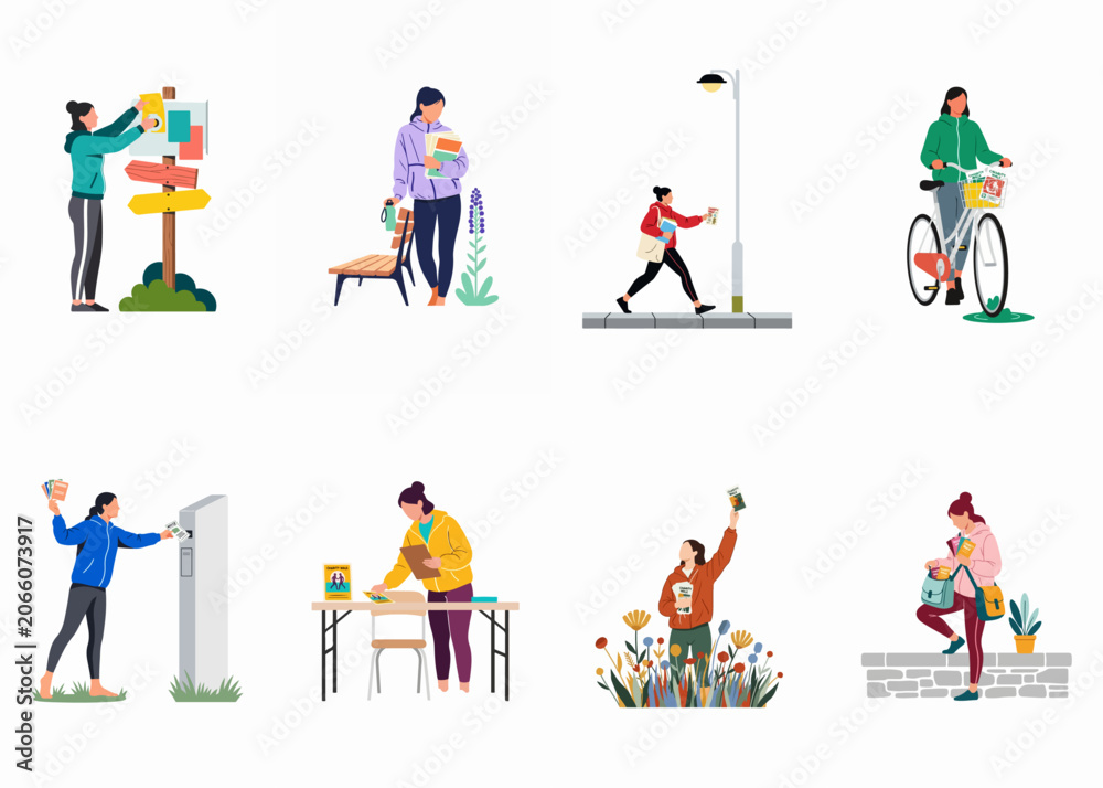 Naklejka premium Flat vector illustration set of young women distributing flyers and brochures for a charity walk event in various outdoor locations.
