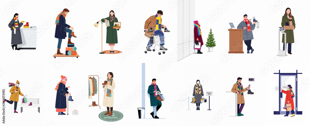 Fototapeta premium Diverse people in winter attire returning, exchanging, and shopping for boots and footwear in a variety of retail settings and service desks.