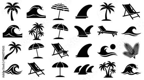 Summer Beach and Surfing Vacation Element Silhouette Icons. Collection includes palm trees, waves, umbrellas, chairs, and surf fins for holiday designs