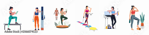 Fotografie Set of futuristic fitness and wellness illustrations featuring women using advanced technology for sports training, health monitoring, and digital workout experiences