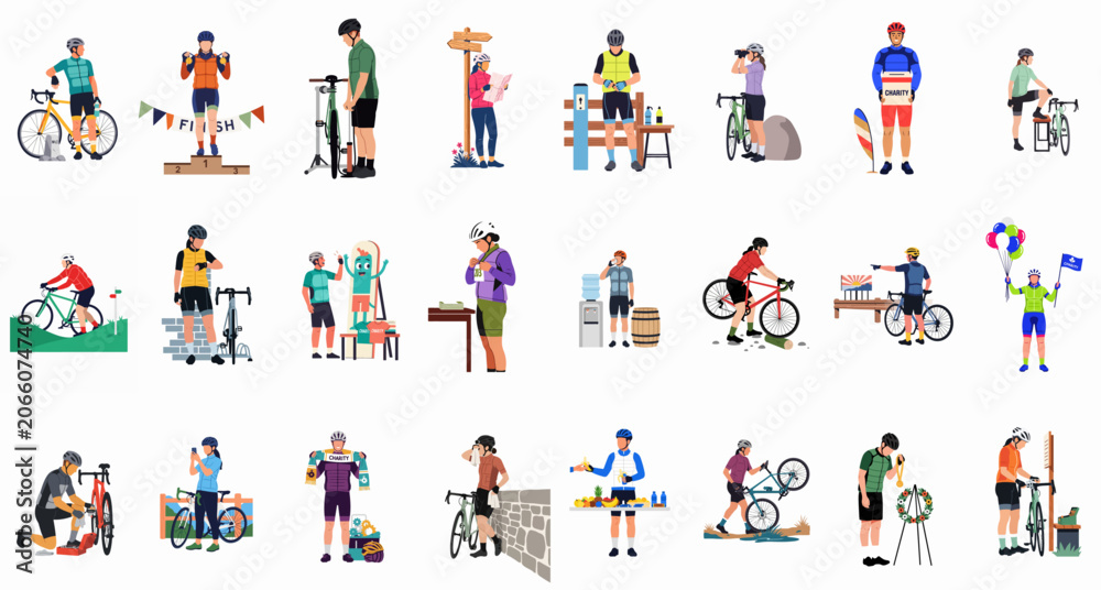 Fototapeta premium A set of flat vector illustrations depicting cyclists in diverse activities such as racing, charity events, bike maintenance, navigation, and celebrating sporting achievements.