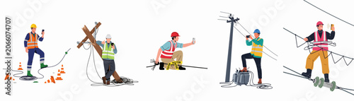 Tableau sur toile Set of Unsafe Electrical Workers Taking Selfies and Photos of Damaged Power Line