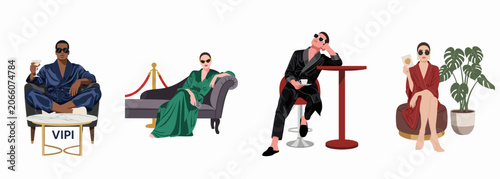 Fotografia Set of four fashionable people in elegant loungewear and pajamas relaxing in various luxurious settings, including a VIP lounge and a stylish home
