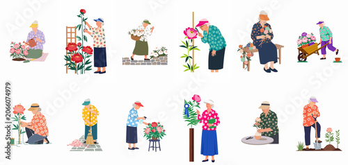 Photos Flat illustration set of active senior women gardening, planting, and arranging beautiful peony flowers in various outdoor and indoor scenes