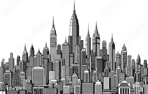 Black and white pixel art city skyline silhouette showing many tall buildings and skyscrapers in a retro digital video game style graphic design for creative projects