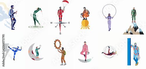 Photos Set of conceptual skydiving illustrations featuring skydivers in metaphorical scenarios including balance, time, and nature elements in a flat vector design
