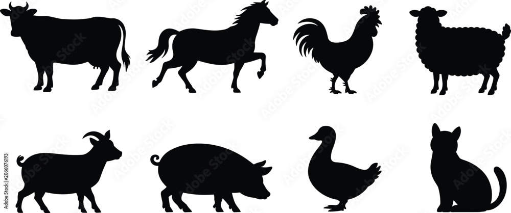 Fototapeta premium Vector collection of farm animal silhouettes featuring cow horse pig sheep goat rooster duck and cat for rural design projects