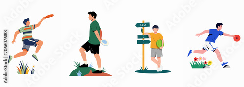 Foto Set of diverse vector illustrations featuring young men playing disc golf and ultimate frisbee in outdoor settings, isolated on a white background