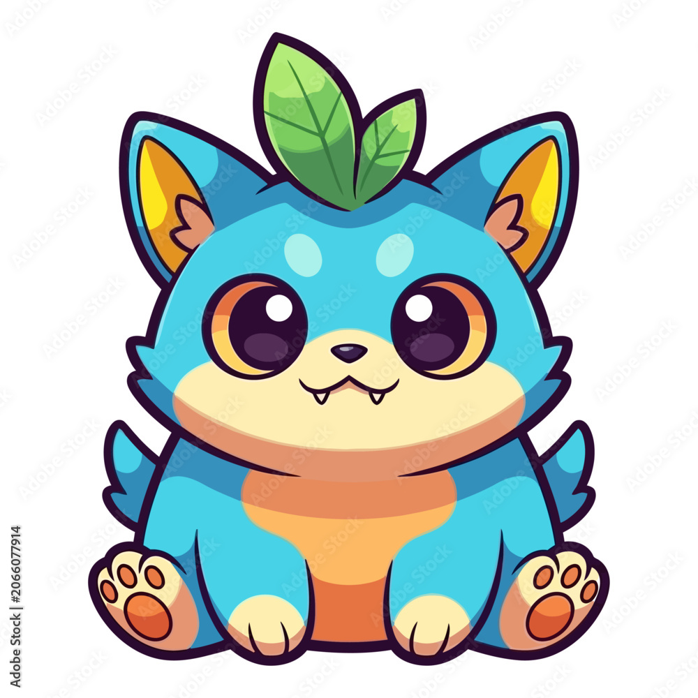 Fototapeta premium Cute blue fantasy creature with a leaf on its head, kawaii magical pet monster and nature mascot concept vector illustration