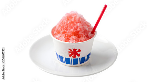 Shaved ice dessert with red strawberry syrup in a paper cup strawberry refreshing festival japanese delicious culinary gastronomy refreshment beverage colorful desserts vacation enjoyment