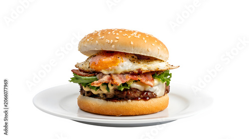 Gourmet beef burger with fried egg crispy bacon lettuce on sesame seed bun cheeseburger sandwich breakfast delicious fastfood culinary appetizing nutrition homemade restaurant