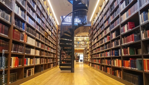 Interior view of traditional library with symmetrical bookshelves.