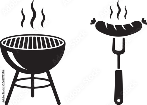 Grilled sausage on a black barbecue grill with tongs