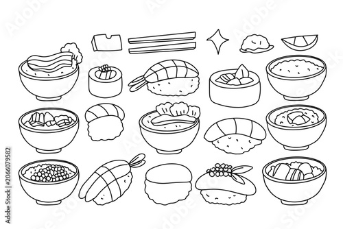 Obraz na plátně Set of sushi  variant  topping doodles