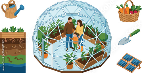 Isometric Eco Greenhouse Geodesic Dome Vector Set with Family Gardening Sustainable Soil Layers Solar Panels and Harvest Basket Icons