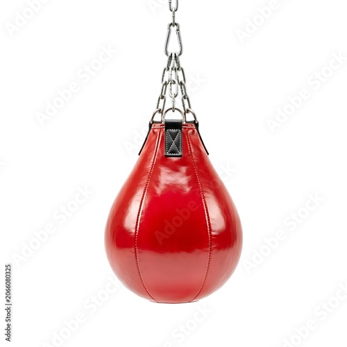 Glossy red leather teardrop punching bag connected with a metal chain hanging on white background