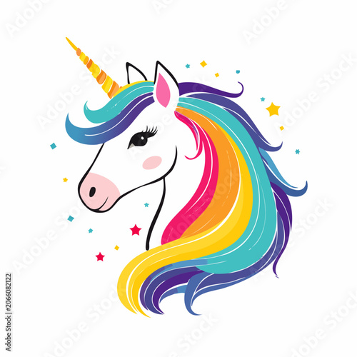 Cute Unicorn Head with Rainbow Mane and Stars