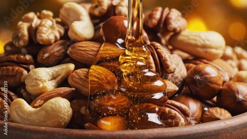 Golden Honey Drizzling Over Mixed Nuts Almonds Cashews Walnuts In Bowl Close-Up Macro Food Photography