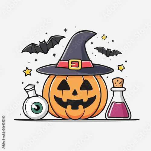 Halloween Pumpkin with Witch Hat and Potions