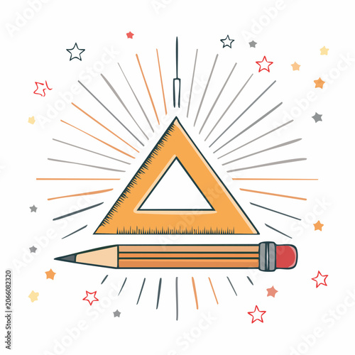 Triangle ruler and pencil with starburst and stars