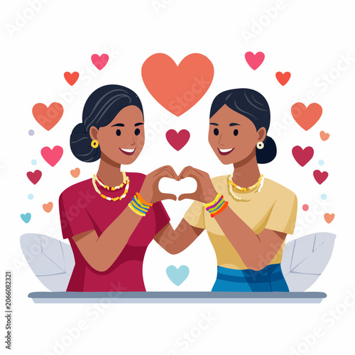 Two Women Making Heart Shape with Hands Surrounded by Hearts
