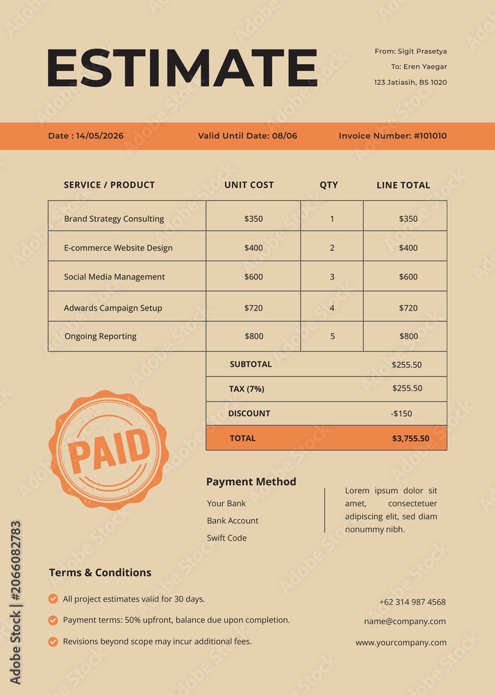 Naklejka premium Modern estimate template. Professional project pricing quote and corporate billing invoice layout
