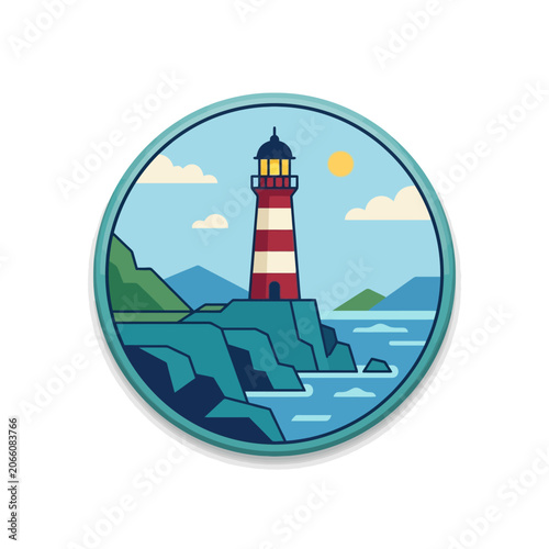 A circular badge illustration featuring a red and white lighthouse on a rocky coastal cliff.