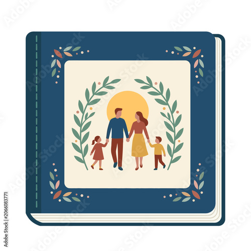 A beautiful illustrated family photo album cover with floral frame and sun design.