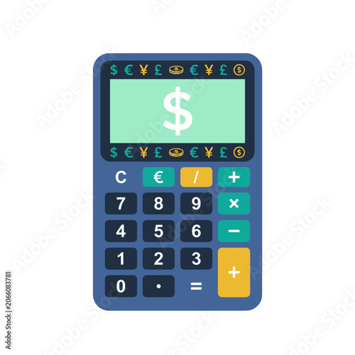 A flat vector illustration of a modern digital calculator representing financial and accounting business concepts.