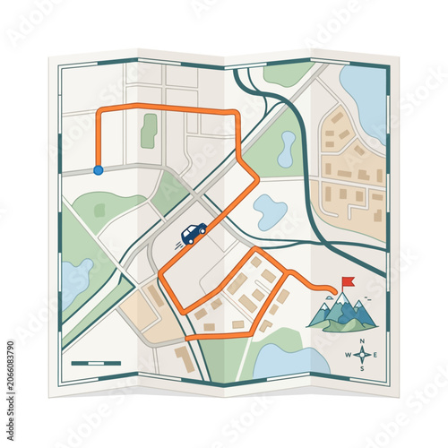 A folded paper map showing a car route leading to a mountain destination.