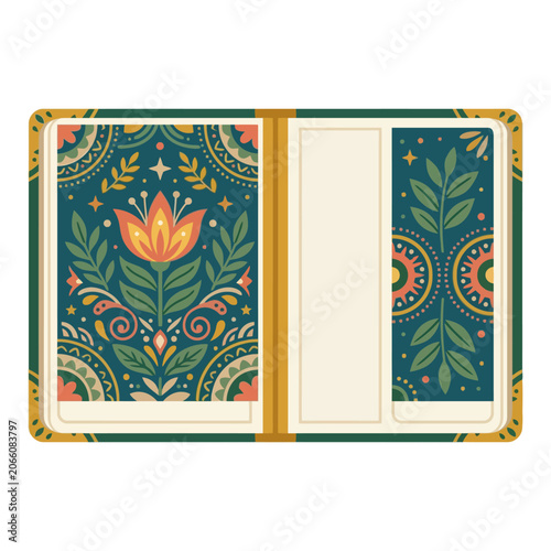 Open notebook with decorative floral patterns and empty pages for writing and journaling.