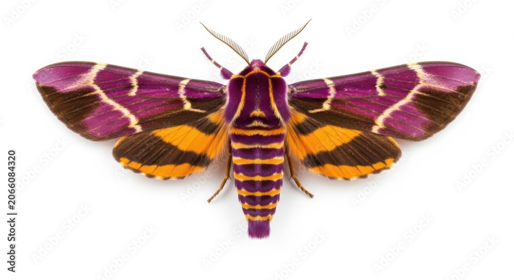 Obraz premium Vibrant purple and orange moth isolated on white background