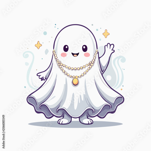 Cute Kawaii Ghost Wearing Pearl Necklace