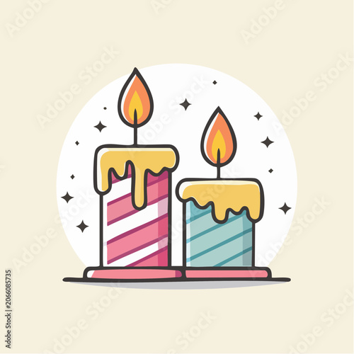 Two lit candles with dripping wax and stars