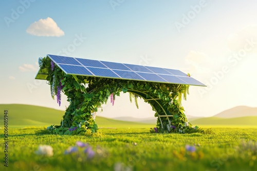 Solar panel arch structure in green field under clear blue sky with wildflowers
