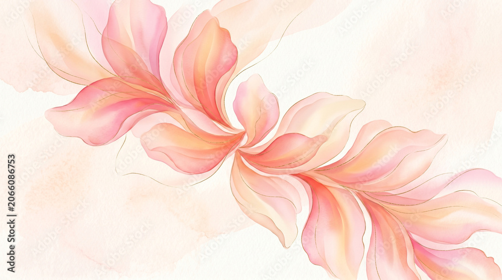 Fototapeta premium Abstract Watercolor Floral - Soft Pink and Peach Petals with Gold Lines on Cream Background