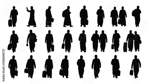 Collection of traveler silhouettes carrying luggage depicting various poses and stances silhouette travel tourist people person human figure figures black