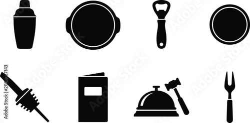 Foto Restaurant and Bar Service Silhouette Icons Set with Cocktail Tools and Tablewar