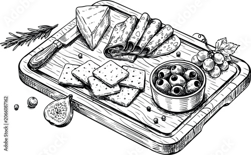 Hand Drawn Charcuterie Board Vector Illustration with Cheese Slices, Crackers, Olives, Salami, and Grapes for Restaurant Menu Designs