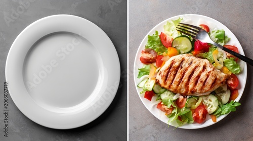 Delicious Grilled Chicken Salad on White Plate Next to Empty Plate - Healthy Eating Concept