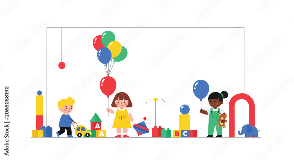 Fototapeta premium A group of diverse happy kids are playing with colorful toys, balloons, and building blocks in a playful nursery room environment.