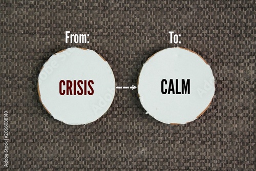 Two circles of paper with the words from crisis to calm. the psychological and practical journey of transitioning from a state of intense panic, chaos