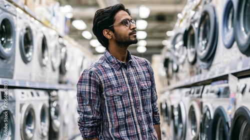 Indian Man Examines Washing Machines in Retail Store Aisle