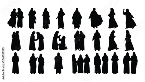 Cuadro en lienzo Collection of hooded figures in various poses depicted as a black silhouette clo